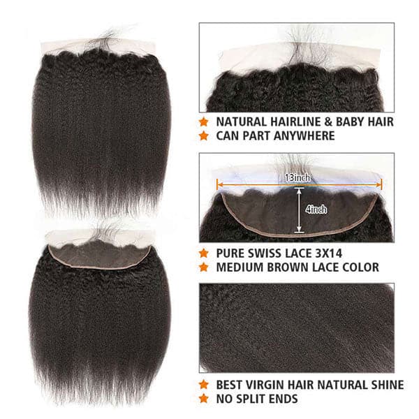 Mslynn Hair Malaysian Human Hair Kinky Straight 3 Bundles With Lace Frontal 100% Unprocessed Malaysian Virgin Human Hair Natural Color