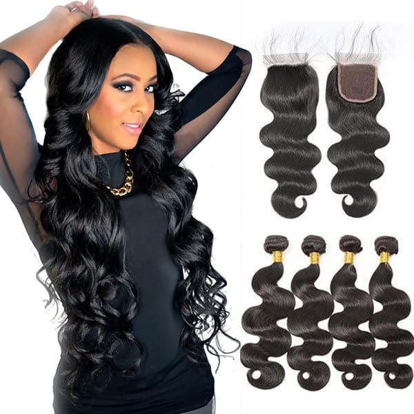 Mslynn Hair Peruvian Human Hair Body Wave 4 Bundles with Closure 100% Unprocessed Peruvian Body Wave Bundles with Lace Closure