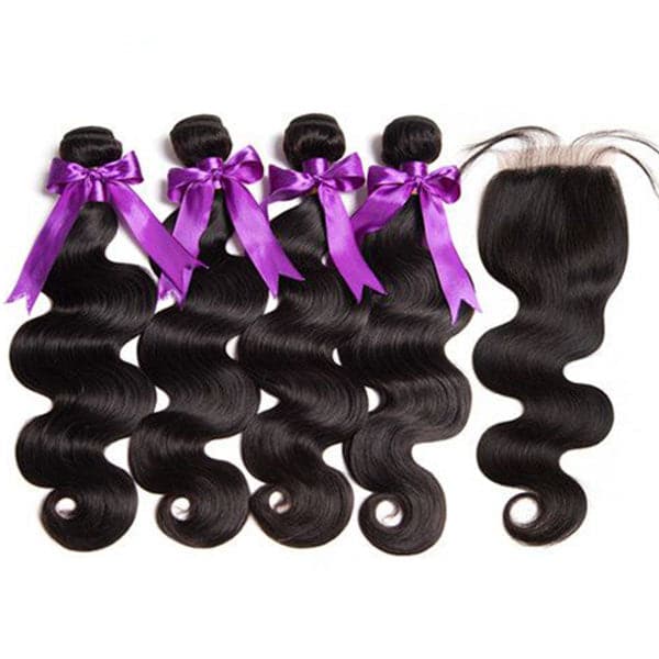 Mslynn Hair Peruvian Human Hair Body Wave 4 Bundles with Closure 100% Unprocessed Peruvian Body Wave Bundles with Lace Closure