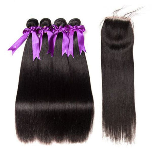 Mslynn Hair Peruvian Straight Hair 4 Bundles with Lace Closure Virgin Remy Hair Weave 100% Unprocessed Human Natural Color