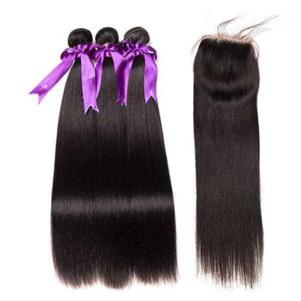 Mslynn Brazilian Straight Hair 3 Bundles with Lace Closure 100% Unprocessed Virgin Human Natural Black Straight Remy Hair