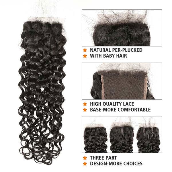 Mslynn Water Wave 4 Bundles with Closure 100% Unprocessed Virgin Human Hair 4 Bundles with Lace Closure with Baby Hair