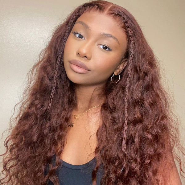 Spring Sale Water Wave 33 Reddish Brown Auburn Color Wig T Part Lace Human Hair Wig Pre-plucked With Baby Hair