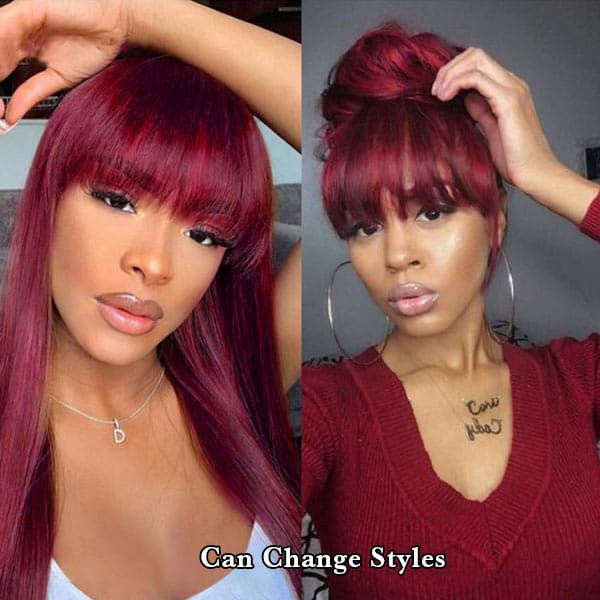 Mslynn Burgundy Hair Straight Ombre Burgundy Wig 2X4 Lace Wig With Bangs Human Hair