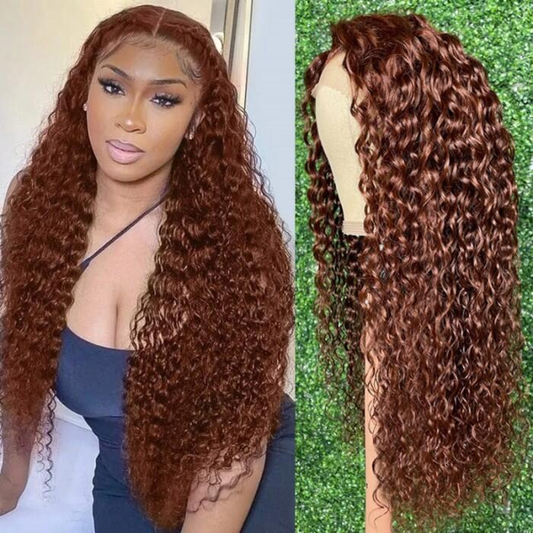 33 Reddish Brown Auburn Water Wave Human Hair Wig Transparent T Part Lace Wig